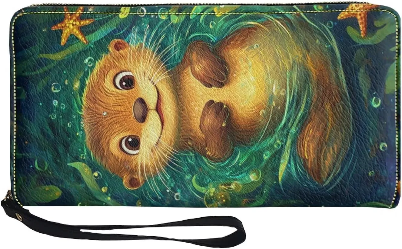 Funny Otter Wallet for Women Long Zipper Leather RFID Blocking Clutch Bag Card Holder Purse Handbag with Wrist Strap