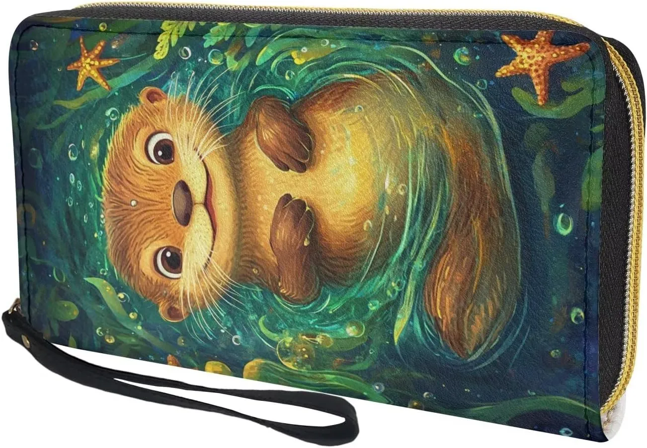 Funny Otter Wallet for Women Long Zipper Leather RFID Blocking Clutch Bag Card Holder Purse Handbag with Wrist Strap