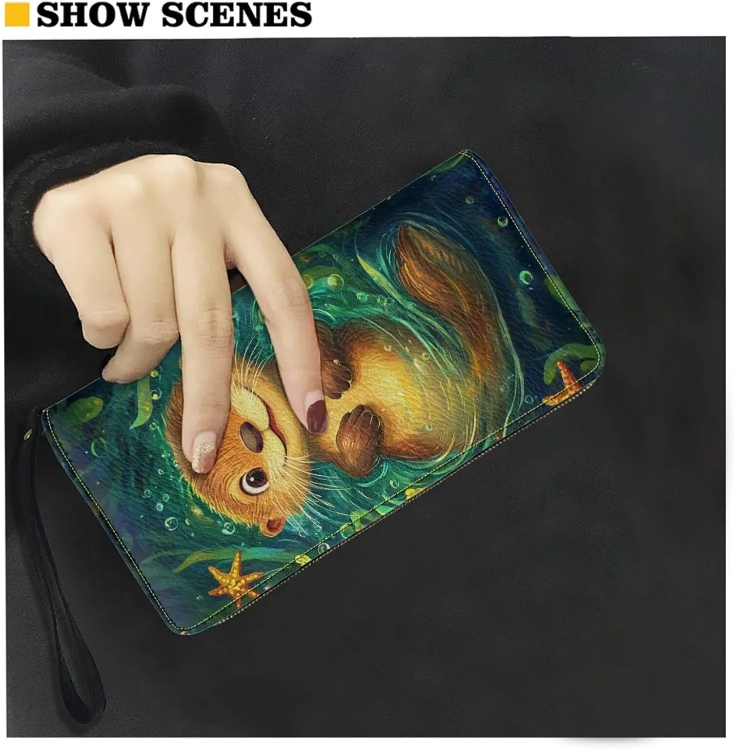 Funny Otter Wallet for Women Long Zipper Leather RFID Blocking Clutch Bag Card Holder Purse Handbag with Wrist Strap