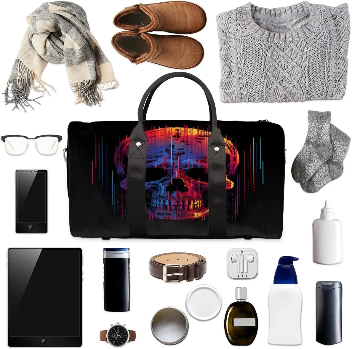 Funny Skull Skeleton Travel Duffle Bag, Sports Gym Bags for Women Men, Carry On Weekender Overnight Workout Airplane Trips Bag