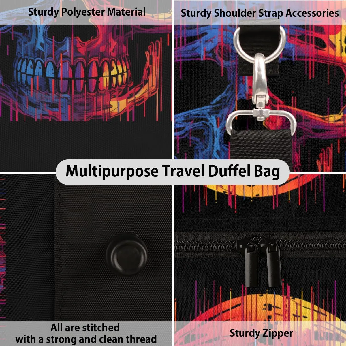 Funny Skull Skeleton Travel Duffle Bag, Sports Gym Bags for Women Men, Carry On Weekender Overnight Workout Airplane Trips Bag