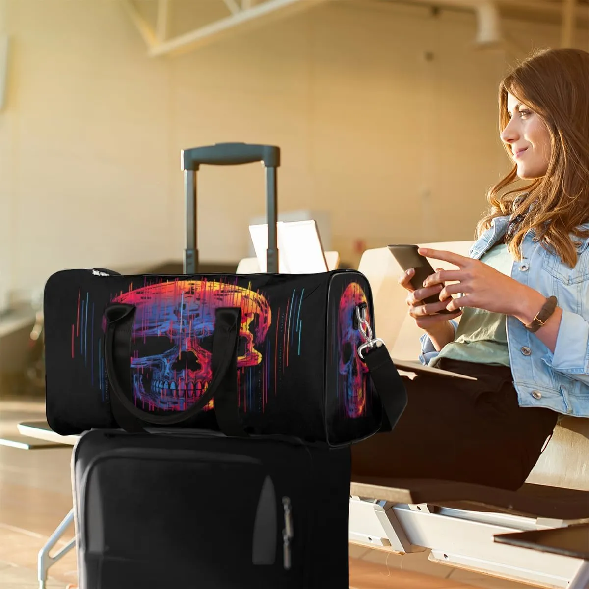 Funny Skull Skeleton Travel Duffle Bag, Sports Gym Bags for Women Men, Carry On Weekender Overnight Workout Airplane Trips Bag