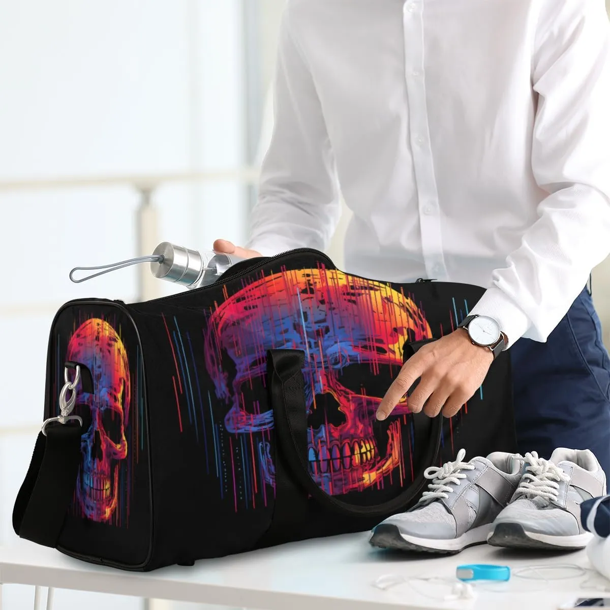 Funny Skull Skeleton Travel Duffle Bag, Sports Gym Bags for Women Men, Carry On Weekender Overnight Workout Airplane Trips Bag