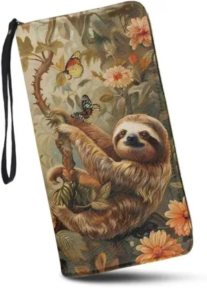 Funny Sloth Floral Wristlet Wallets for Womens Leather Credit Card Holder RFID Blocking Large Capacity Purse Clutch