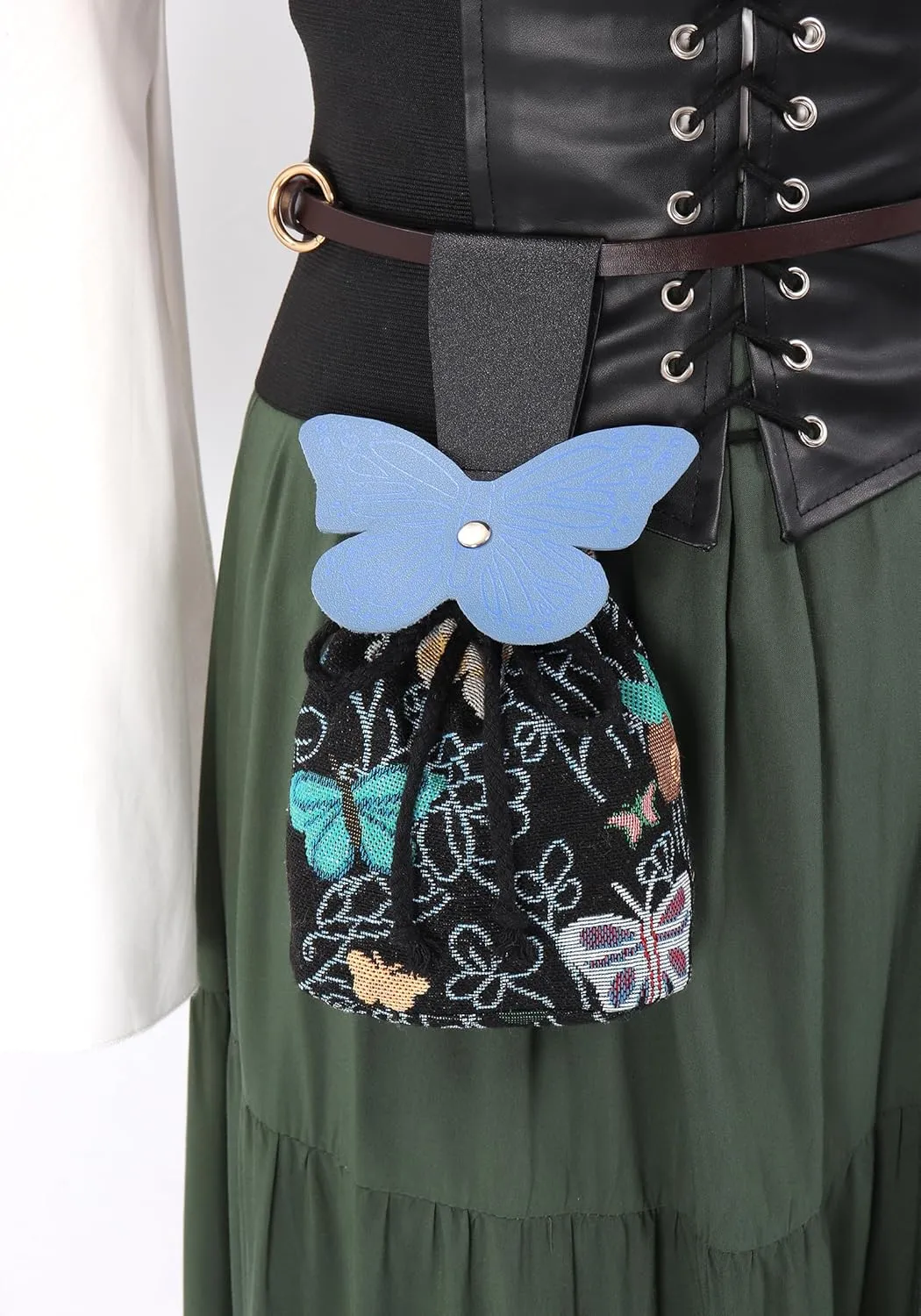 FURPHI Renaissance Belt Pouch Medeival Butterfly Drawstring Waist Bag Vintage Coin Purse Dice Bag Costume Accessories for LARP Ren Faire (A)