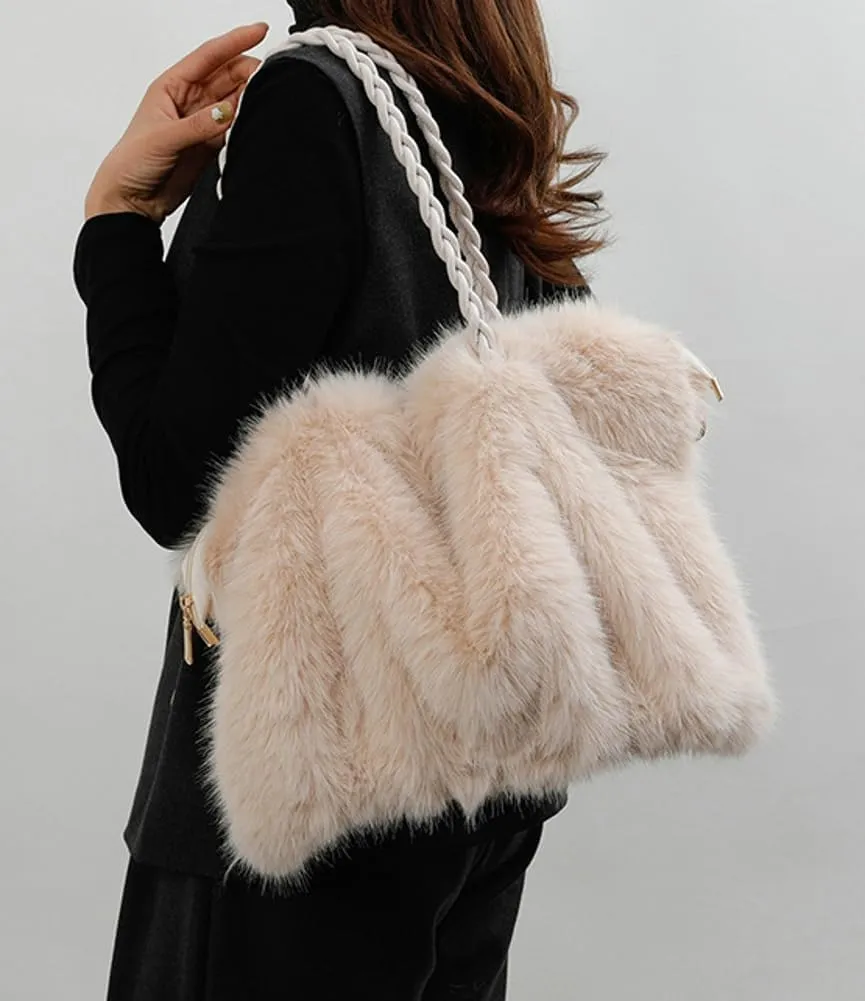 Furry Shoulder Bag Purse for Women Y2K Fluffy Faux Fur Tote Purse Large Handbag Top Handle Satchels with Chain