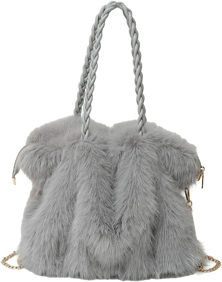Furry Shoulder Bag Purse for Women Y2K Fluffy Faux Fur Tote Purse Large Handbag Top Handle Satchels with Chain
