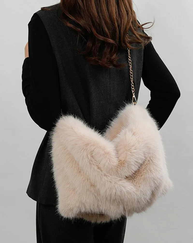 Furry Shoulder Bag Purse for Women Y2K Fluffy Faux Fur Tote Purse Large Handbag Top Handle Satchels with Chain