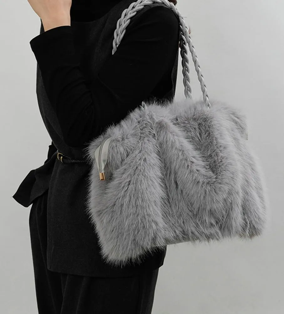 Furry Shoulder Bag Purse for Women Y2K Fluffy Faux Fur Tote Purse Large Handbag Top Handle Satchels with Chain
