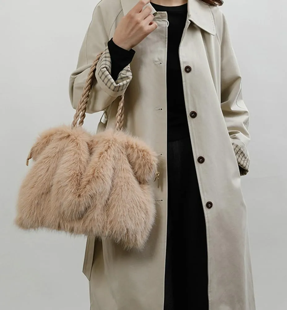 Furry Shoulder Bag Purse for Women Y2K Fluffy Faux Fur Tote Purse Large Handbag Top Handle Satchels with Chain