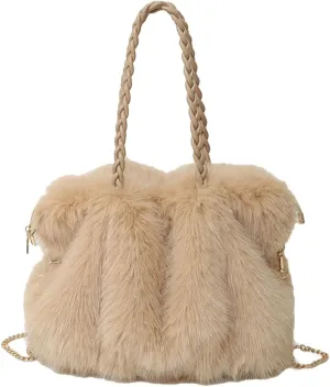 Furry Shoulder Bag Purse for Women Y2K Fluffy Faux Fur Tote Purse Large Handbag Top Handle Satchels with Chain