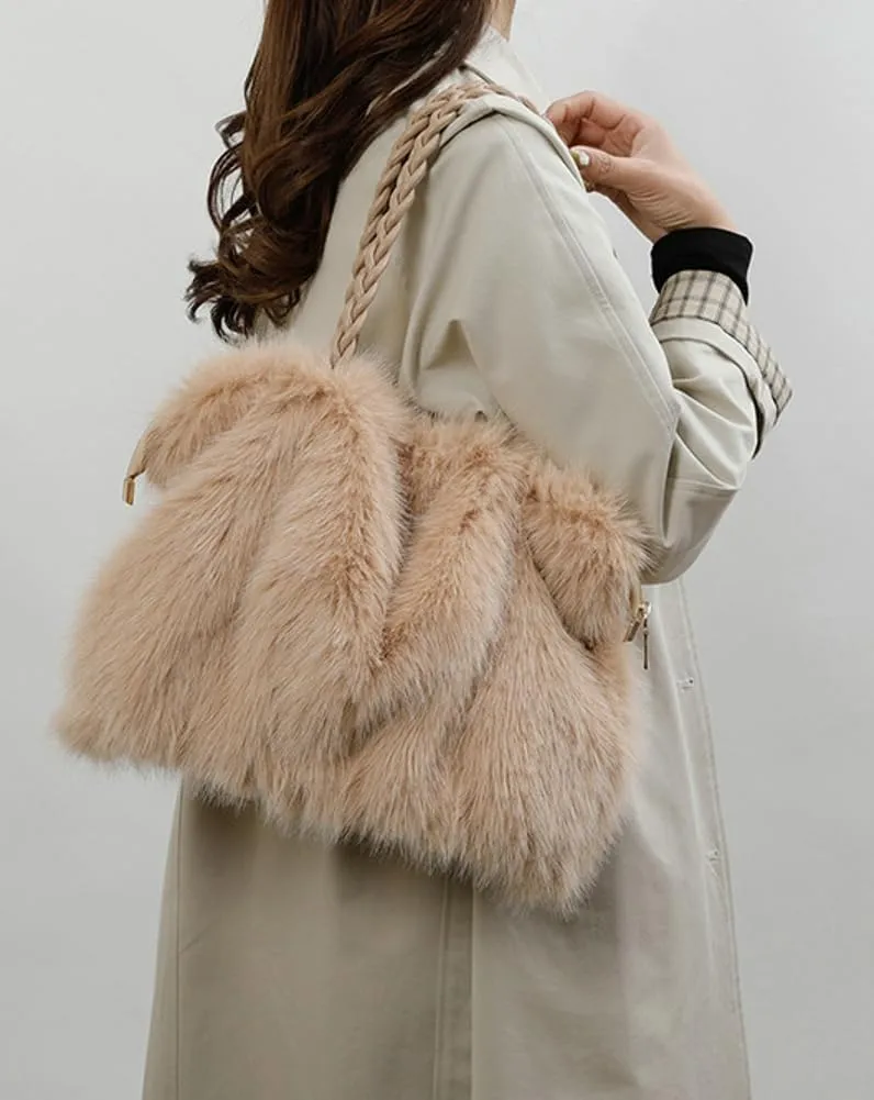 Furry Shoulder Bag Purse for Women Y2K Fluffy Faux Fur Tote Purse Large Handbag Top Handle Satchels with Chain
