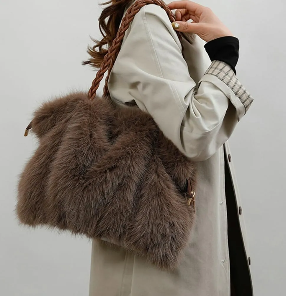 Furry Shoulder Bag Purse for Women Y2K Fluffy Faux Fur Tote Purse Large Handbag Top Handle Satchels with Chain