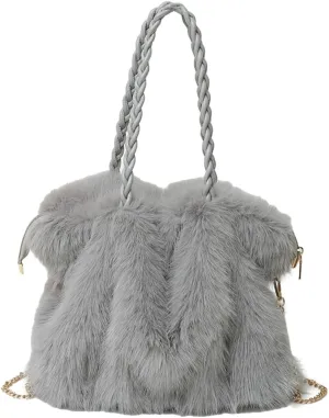 Furry Shoulder Bag Purse for Women Y2K Fluffy Faux Fur Tote Purse Large Handbag Top Handle Satchels with Chain