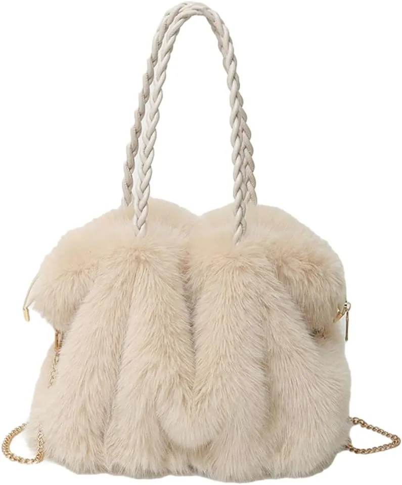 Furry Shoulder Bag Purse for Women Y2K Fluffy Faux Fur Tote Purse Large Handbag Top Handle Satchels with Chain