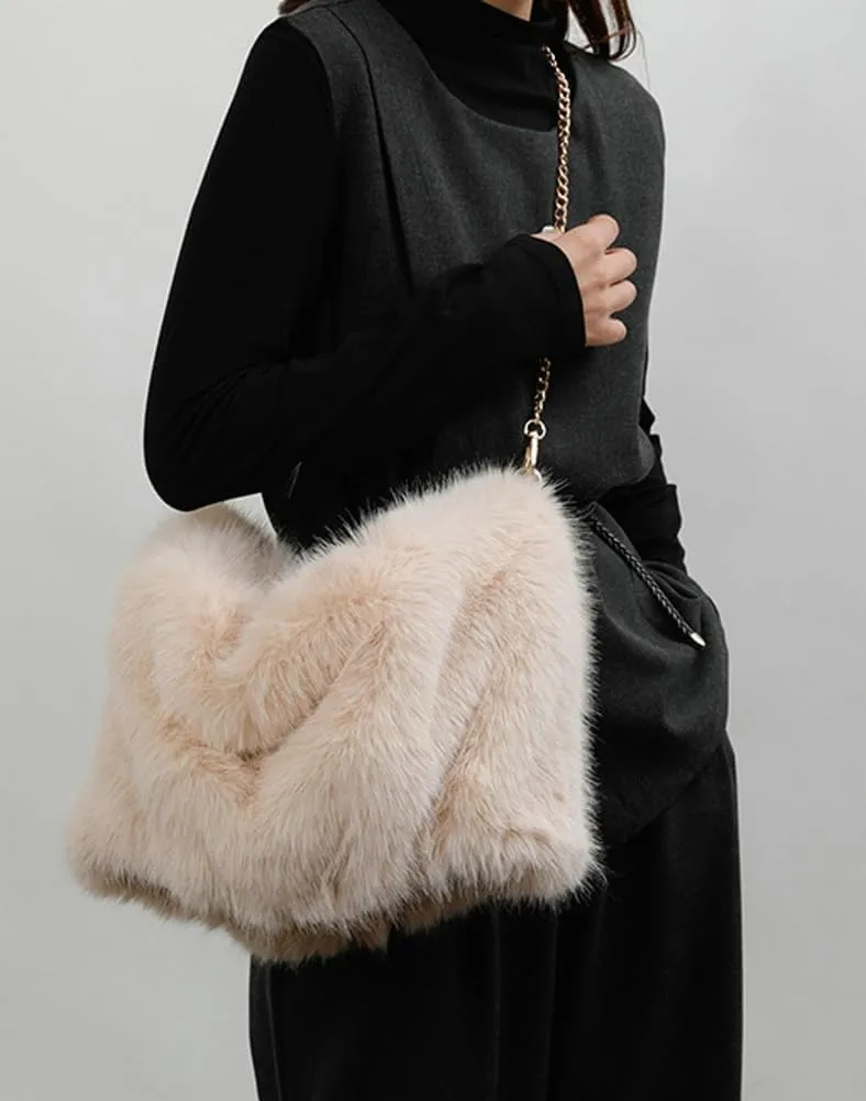 Furry Shoulder Bag Purse for Women Y2K Fluffy Faux Fur Tote Purse Large Handbag Top Handle Satchels with Chain