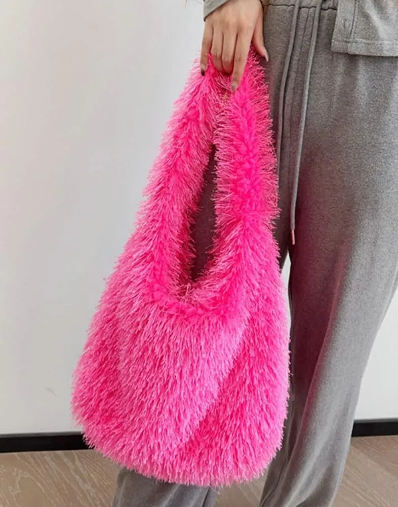 Furry Tote Bag for Women Faux Fur Shoulder Bag Y2k Purse Fluffy Large Fuzzy Handbags Cute Solid Top Handle Satchels