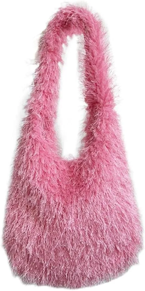 Furry Tote Bag for Women Faux Fur Shoulder Bag Y2k Purse Fluffy Large Fuzzy Handbags Cute Solid Top Handle Satchels