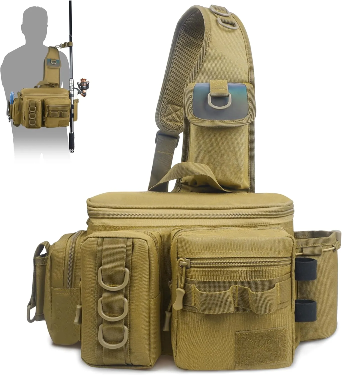 FUSIGO Fishing Sling Bag Tackle Bag Fly Chest Fanny Pack with Rod Holder Fishing Tackle Storage Bag Portable Crossbody Waist Bag Outdoor Fishing Shoulder Pack Fishing Gear Storage Bag