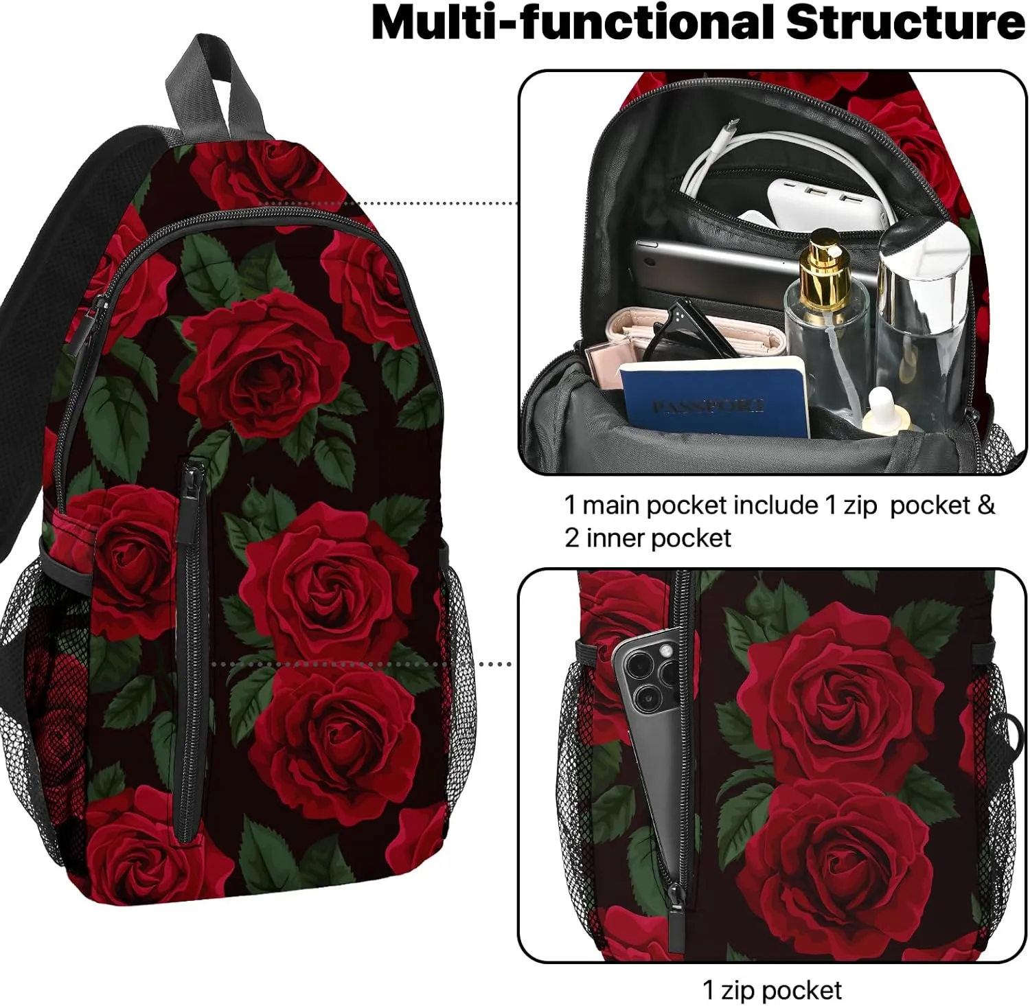 FyLybois Rose Sling Bag Travel Crossbody Backpack for Women Casual Chest Bags for Running Hiking Cycling
