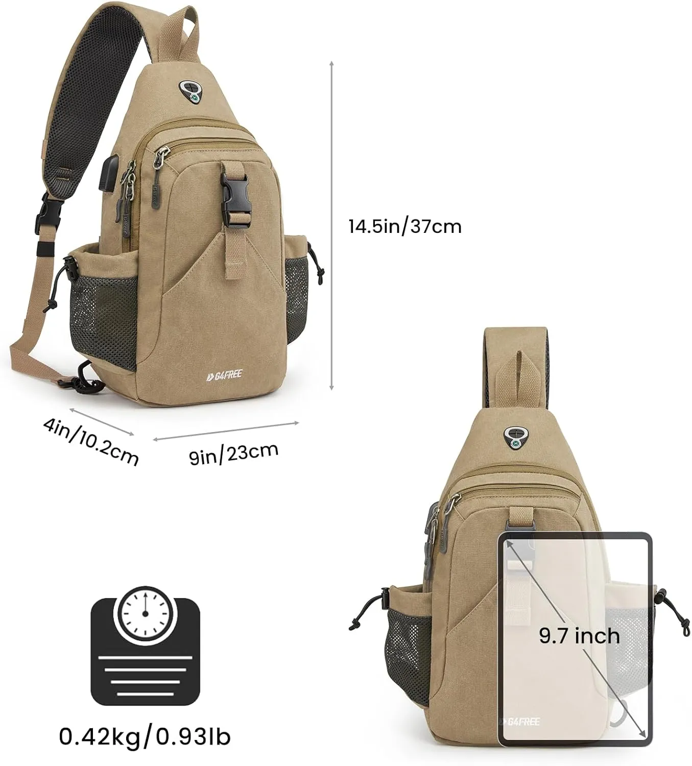 G4Free Canvas Sling Bag Crossbody Backpack with USB Charging Port & RFID Blocking, Hiking Daypack Chest Bag for Women Men