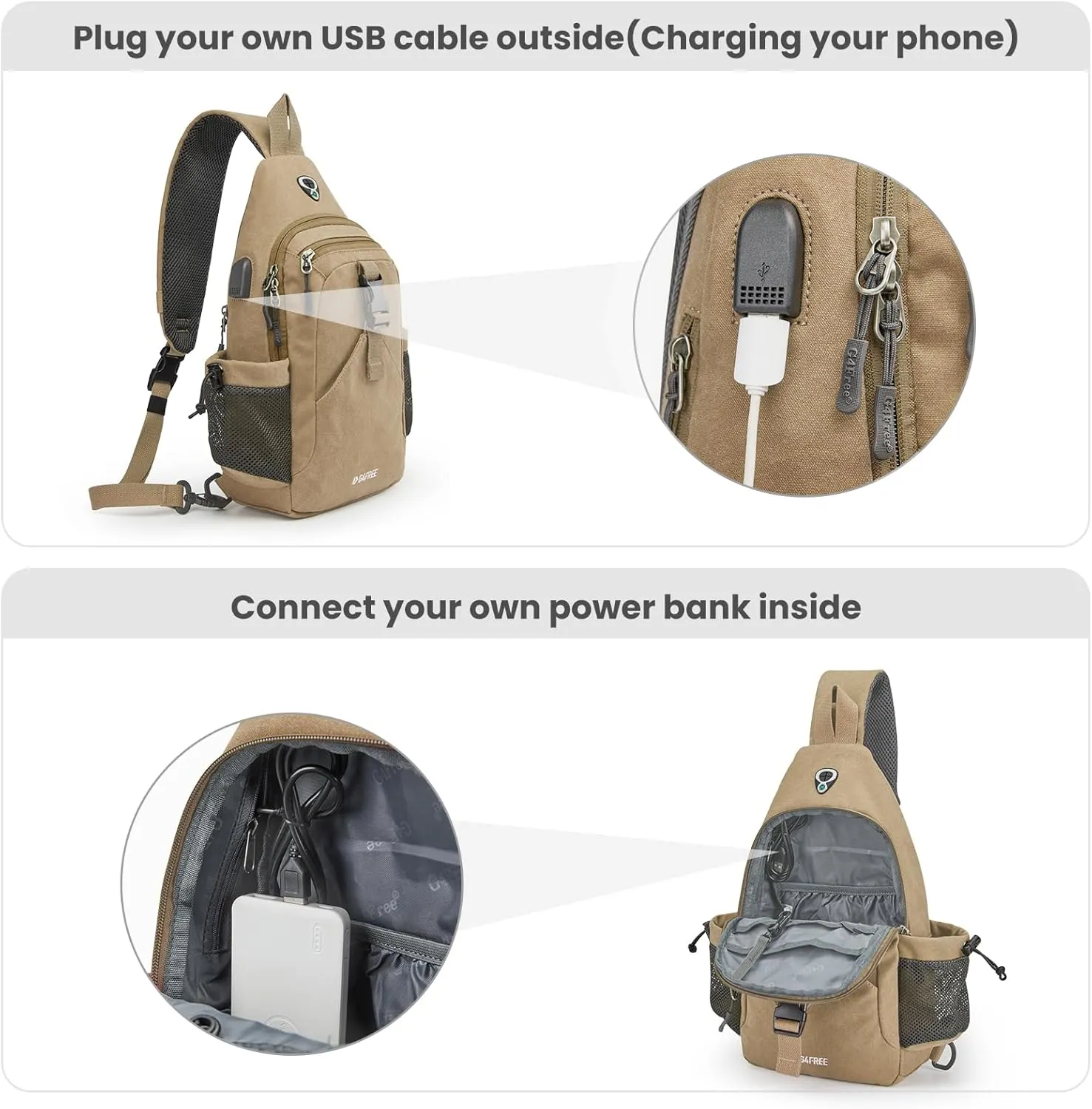G4Free Canvas Sling Bag Crossbody Backpack with USB Charging Port & RFID Blocking, Hiking Daypack Chest Bag for Women Men