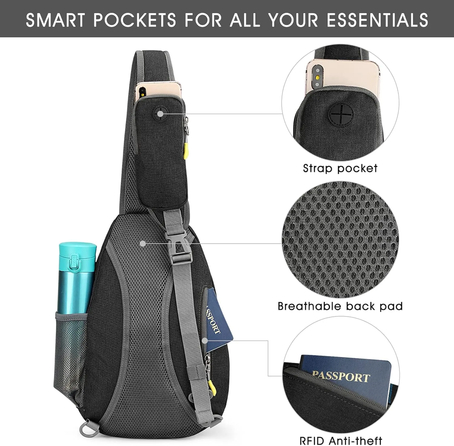 G4Free RFID Sling Bag Crossbody Backpack Casual Chest Shoulder Daypack Gym Bag for Hiking Travel 7L(Dark Gray)