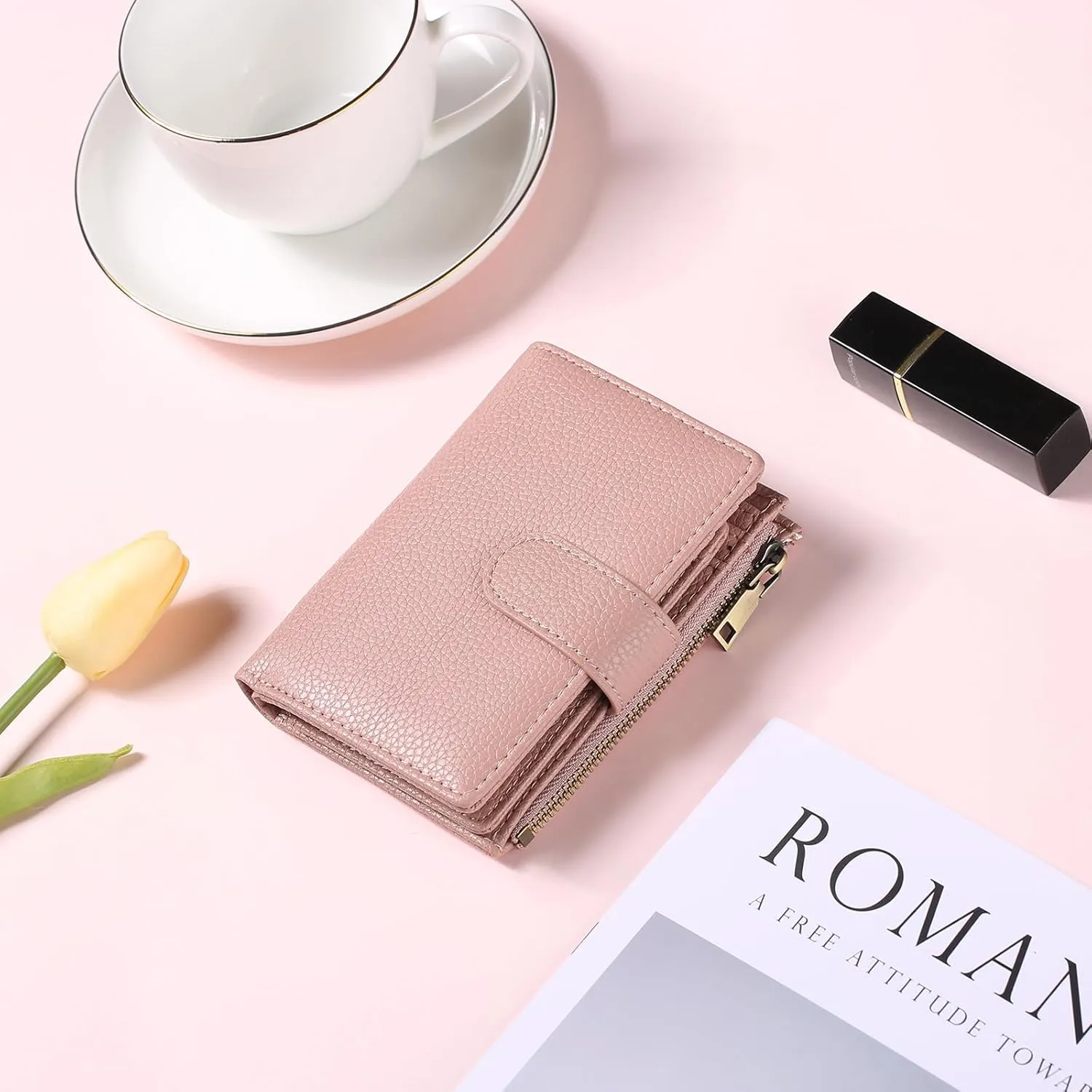 GAEKEAO Small Wallets for Women Leather RFID Blocking Bifold Zipper Pocket Wallet Card Case Purse with ID Window
