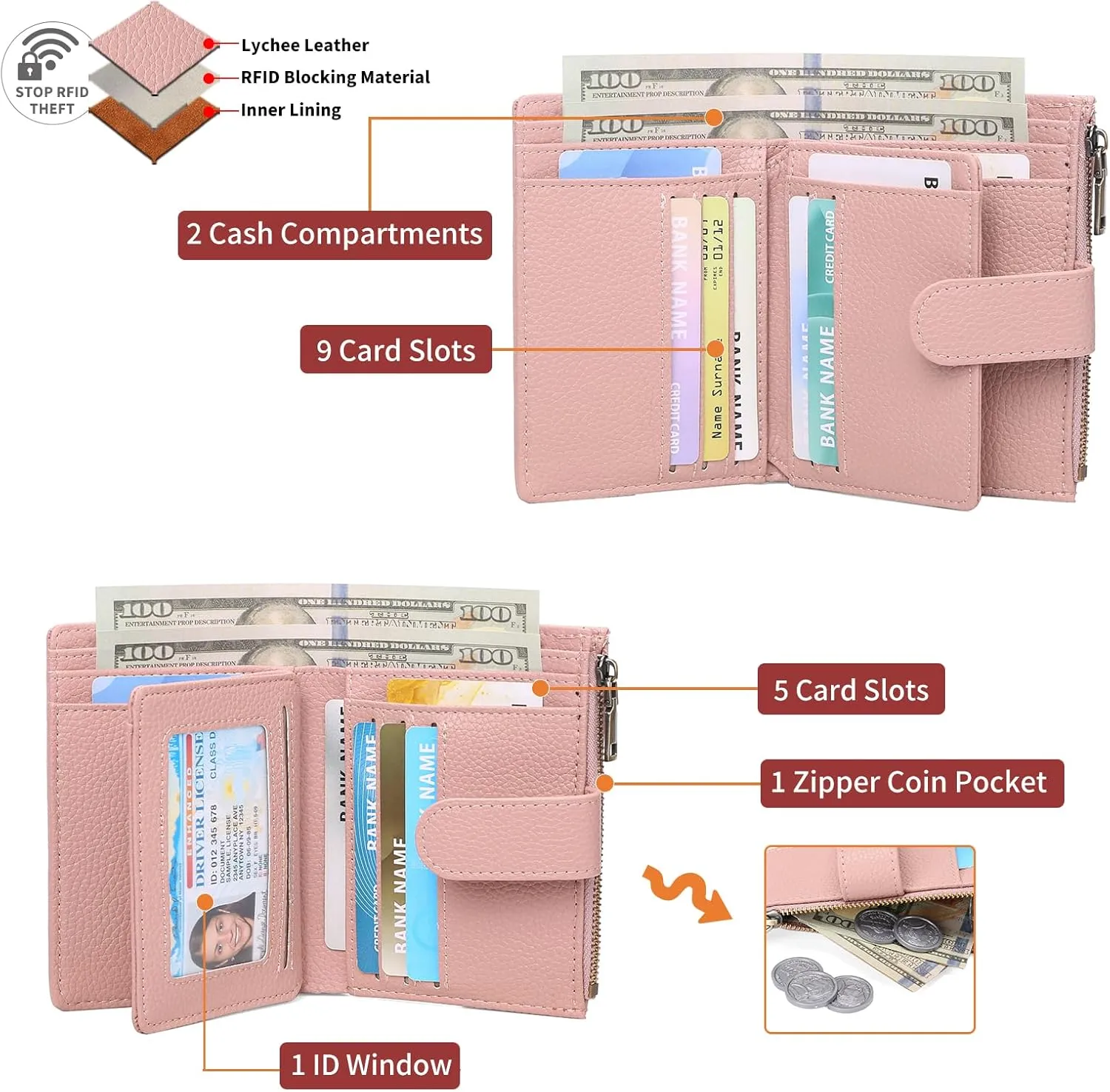 GAEKEAO Small Wallets for Women Leather RFID Blocking Bifold Zipper Pocket Wallet Card Case Purse with ID Window