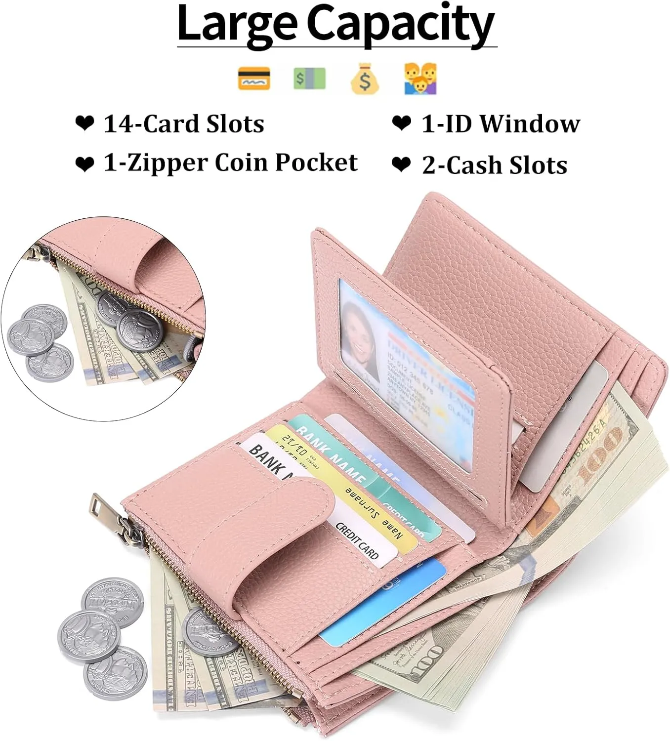 GAEKEAO Small Wallets for Women Leather RFID Blocking Bifold Zipper Pocket Wallet Card Case Purse with ID Window