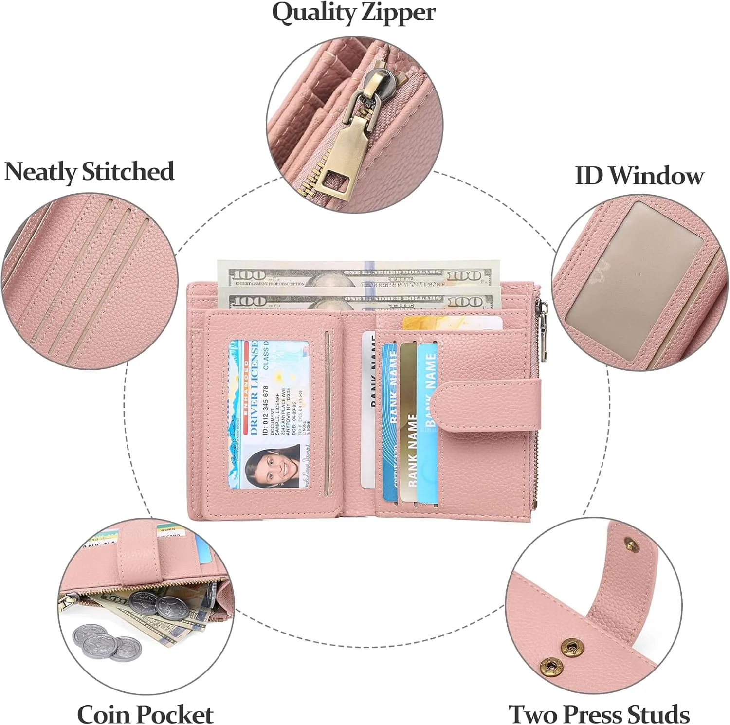 GAEKEAO Small Wallets for Women Leather RFID Blocking Bifold Zipper Pocket Wallet Card Case Purse with ID Window