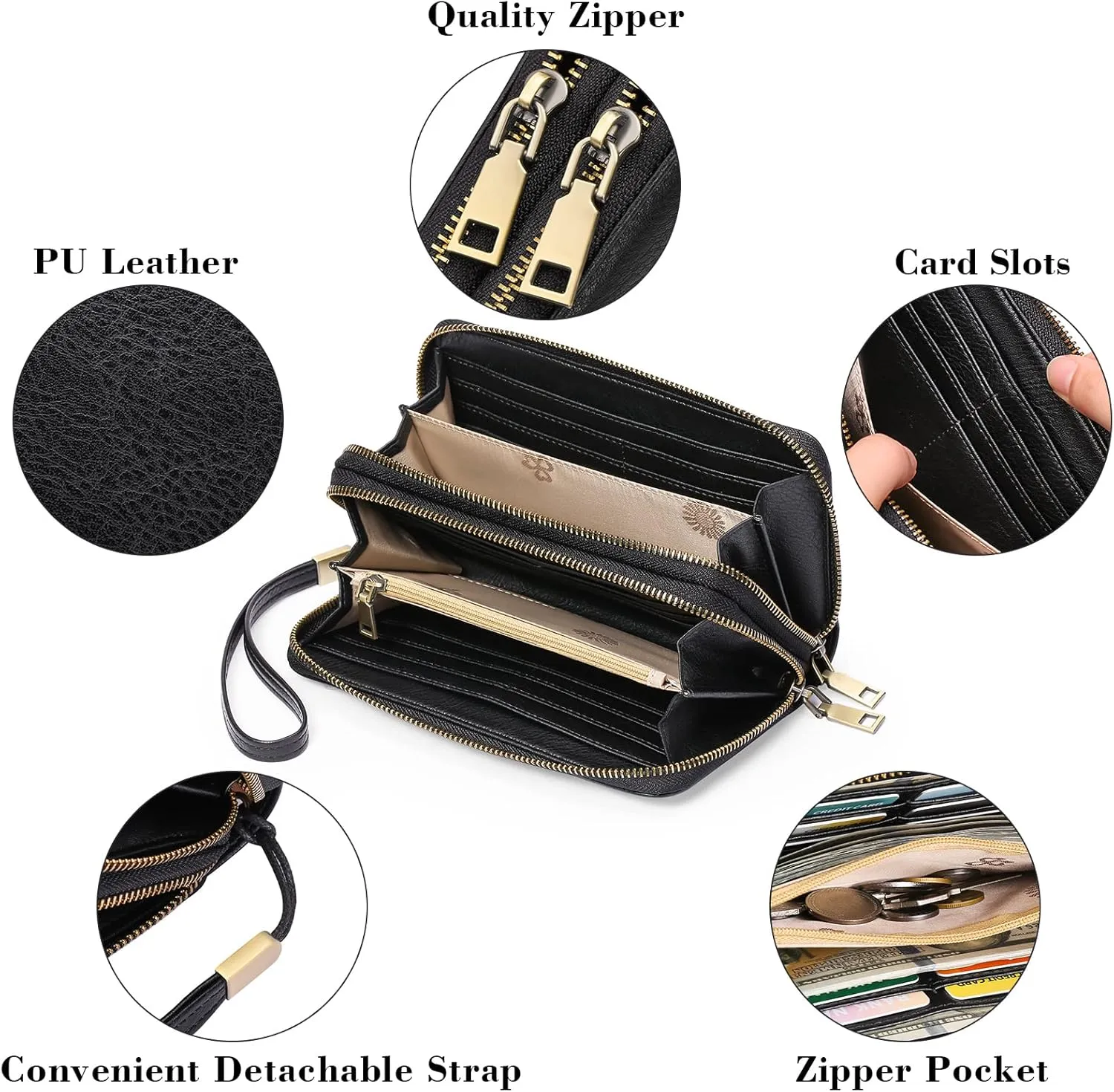 GAEKEAO Wallet for Women Clutch RFID Blocking Wristlet Leather Purse Large Capacity Credit Card Holder with Grip Hand Strap