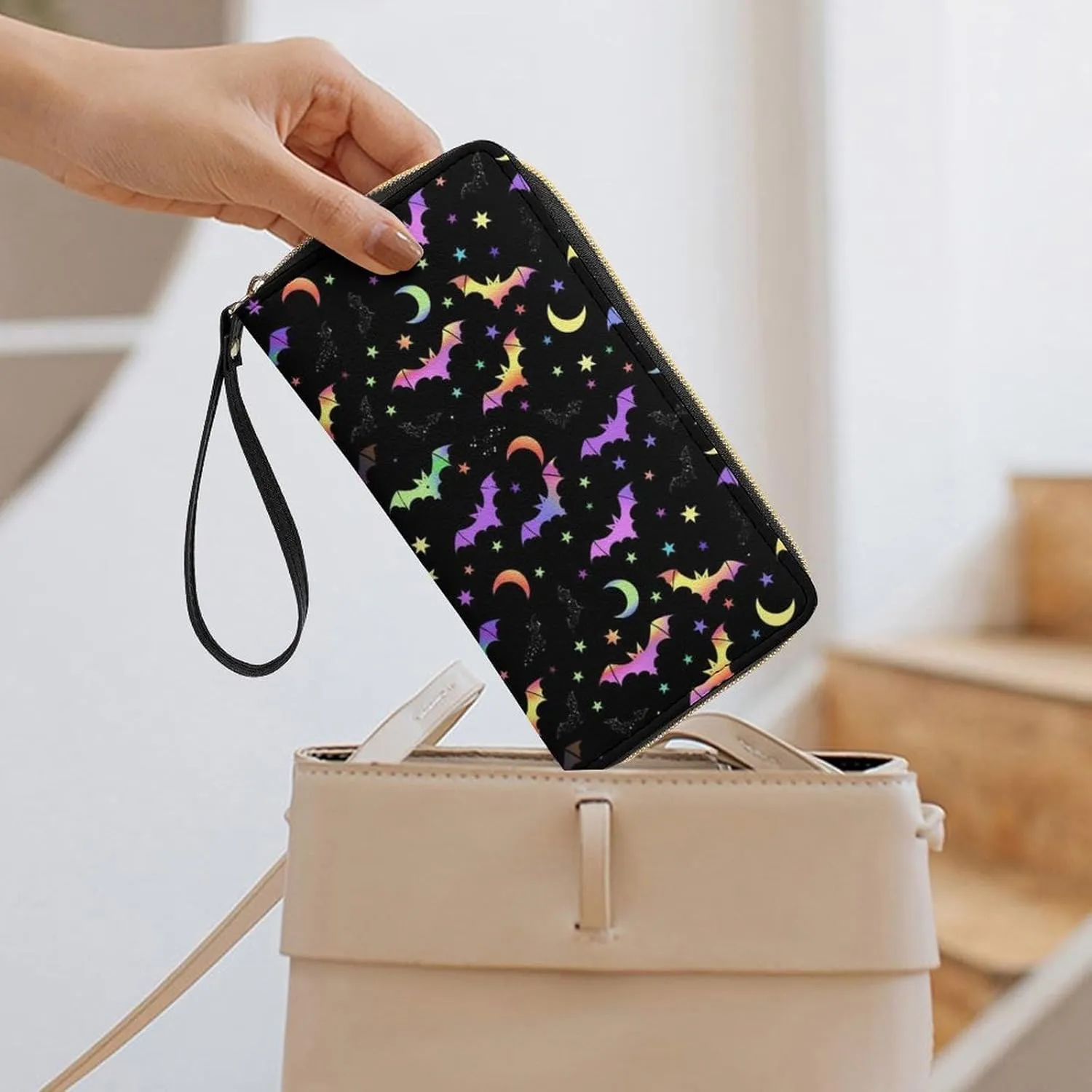 Galaxy Bat Wallets Womens Phone Purse Coin Change Pocket Purse Zipper Around Clutch Wallet with Wrist Strap Money Bag Carteras para Mujer Keychain Wallet