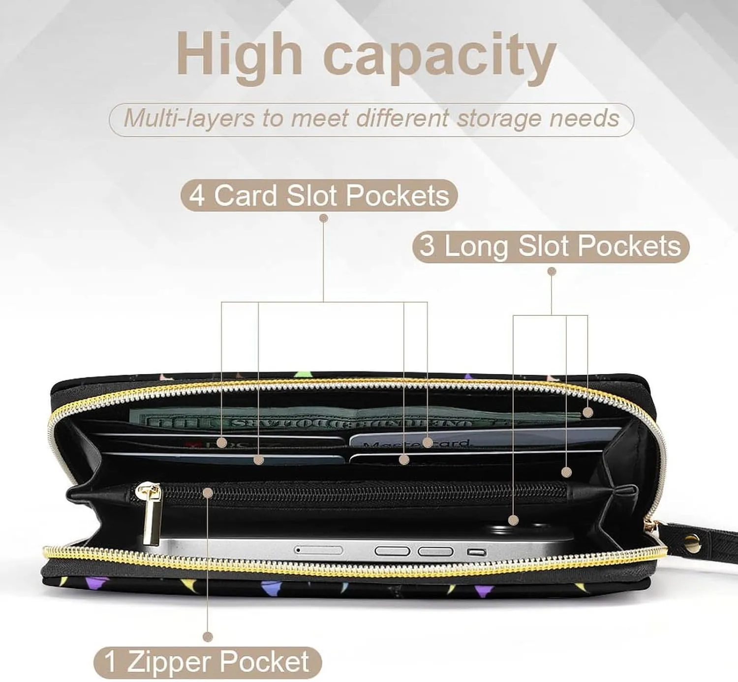 Galaxy Bat Wallets Womens Phone Purse Coin Change Pocket Purse Zipper Around Clutch Wallet with Wrist Strap Money Bag Carteras para Mujer Keychain Wallet