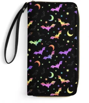 Galaxy Bat Wallets Womens Phone Purse Coin Change Pocket Purse Zipper Around Clutch Wallet with Wrist Strap Money Bag Carteras para Mujer Keychain Wallet
