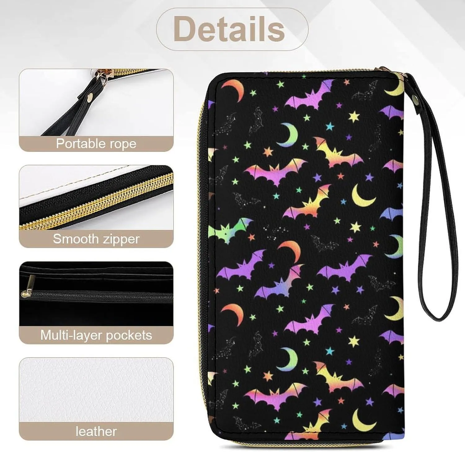 Galaxy Bat Wallets Womens Phone Purse Coin Change Pocket Purse Zipper Around Clutch Wallet with Wrist Strap Money Bag Carteras para Mujer Keychain Wallet