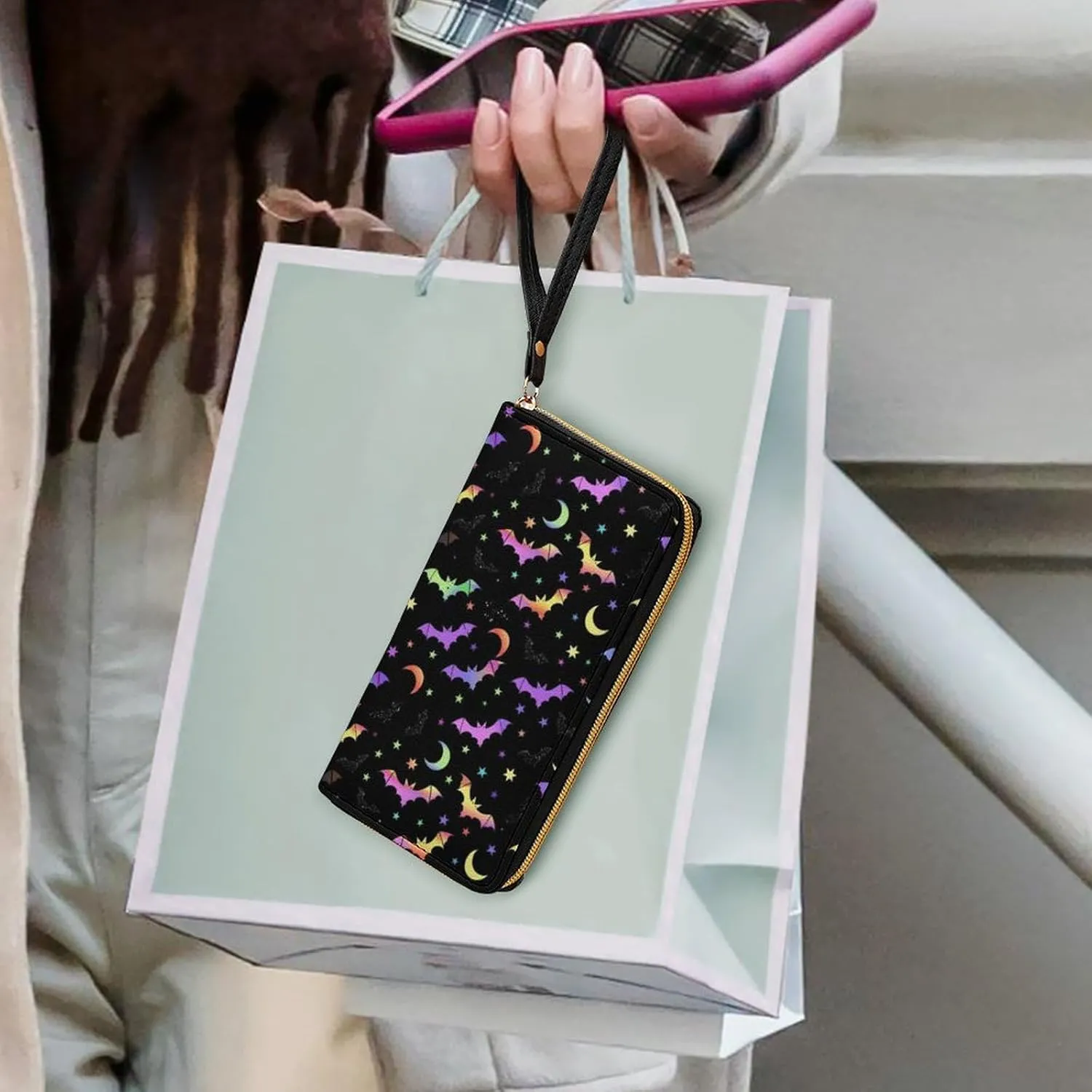 Galaxy Bat Wallets Womens Phone Purse Coin Change Pocket Purse Zipper Around Clutch Wallet with Wrist Strap Money Bag Carteras para Mujer Keychain Wallet