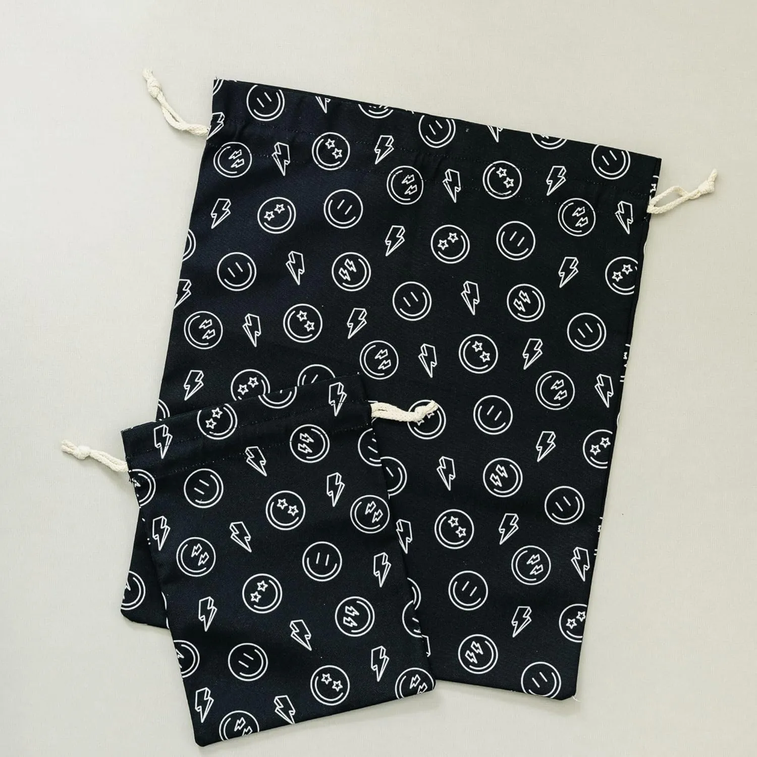 Gather & Knot Drawstring Gift Bags | 20" Large 12" Small | Premium Canvas | Reusable Fabric Wrap for Boy Birthday, Baby Shower | Happy Face