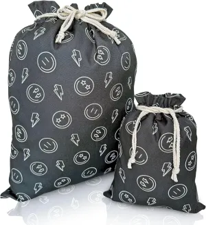Gather & Knot Drawstring Gift Bags | 20" Large 12" Small | Premium Canvas | Reusable Fabric Wrap for Boy Birthday, Baby Shower | Happy Face