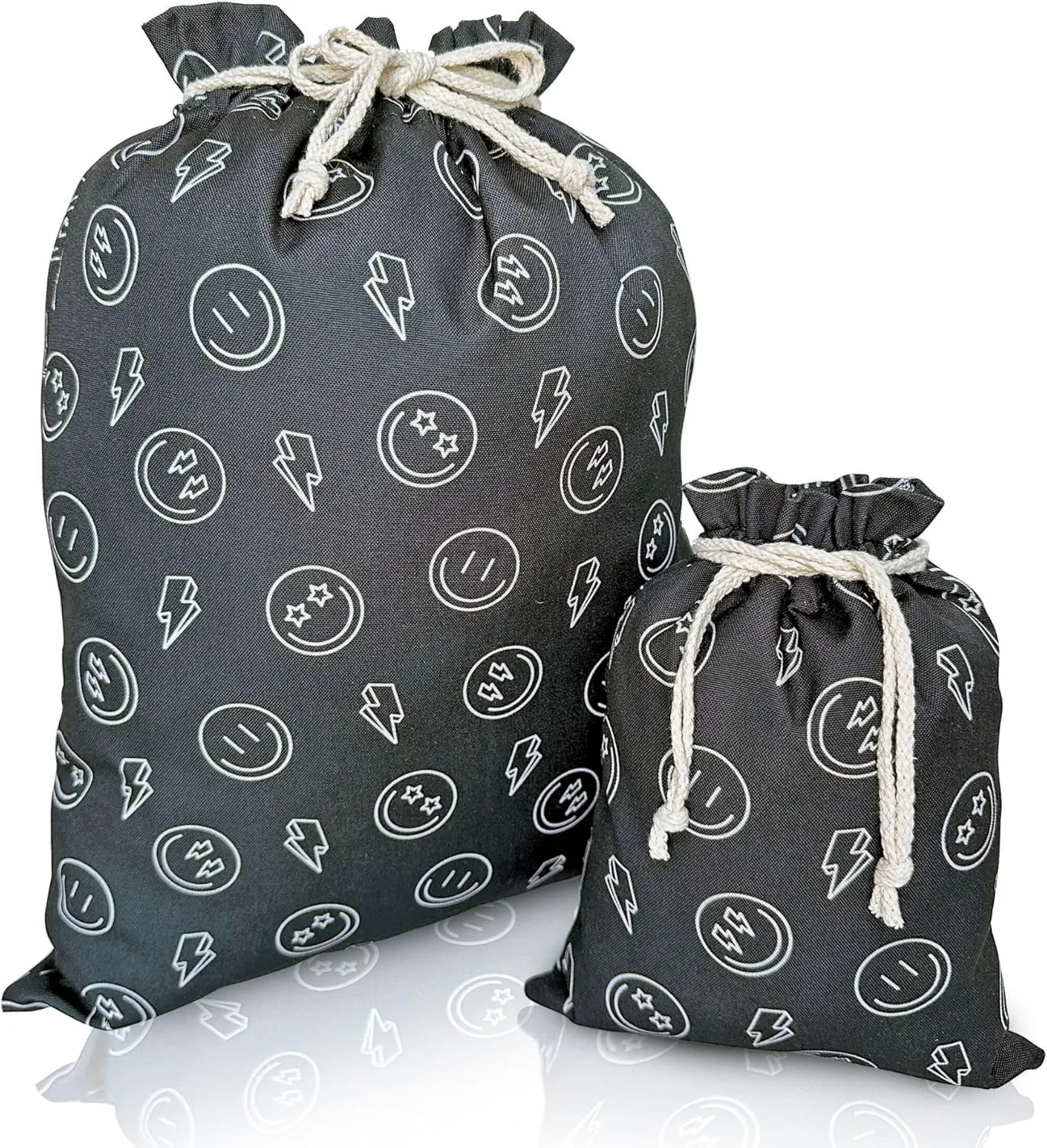 Gather & Knot Drawstring Gift Bags | 20" Large 12" Small | Premium Canvas | Reusable Fabric Wrap for Boy Birthday, Baby Shower | Happy Face
