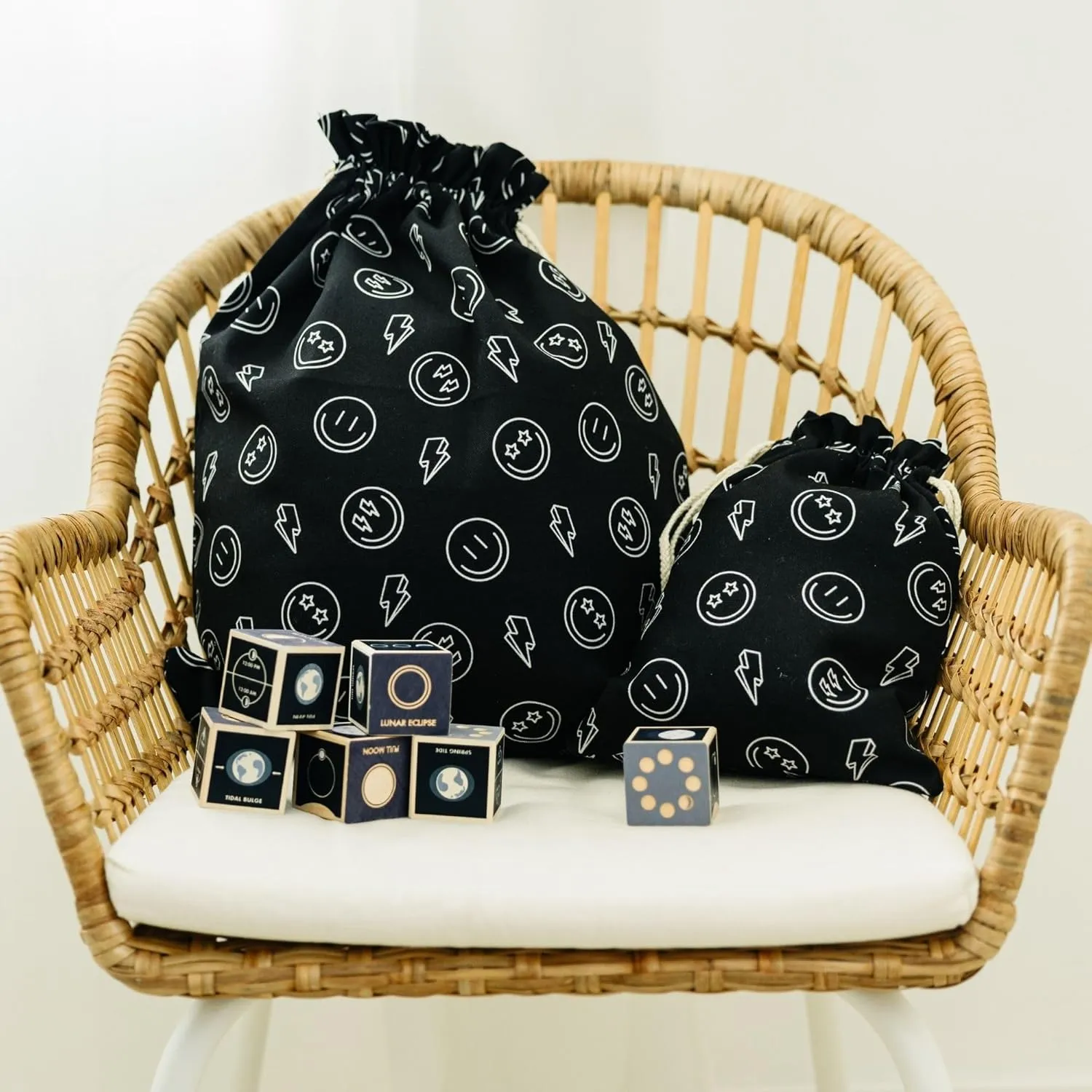 Gather & Knot Drawstring Gift Bags | 20" Large 12" Small | Premium Canvas | Reusable Fabric Wrap for Boy Birthday, Baby Shower | Happy Face