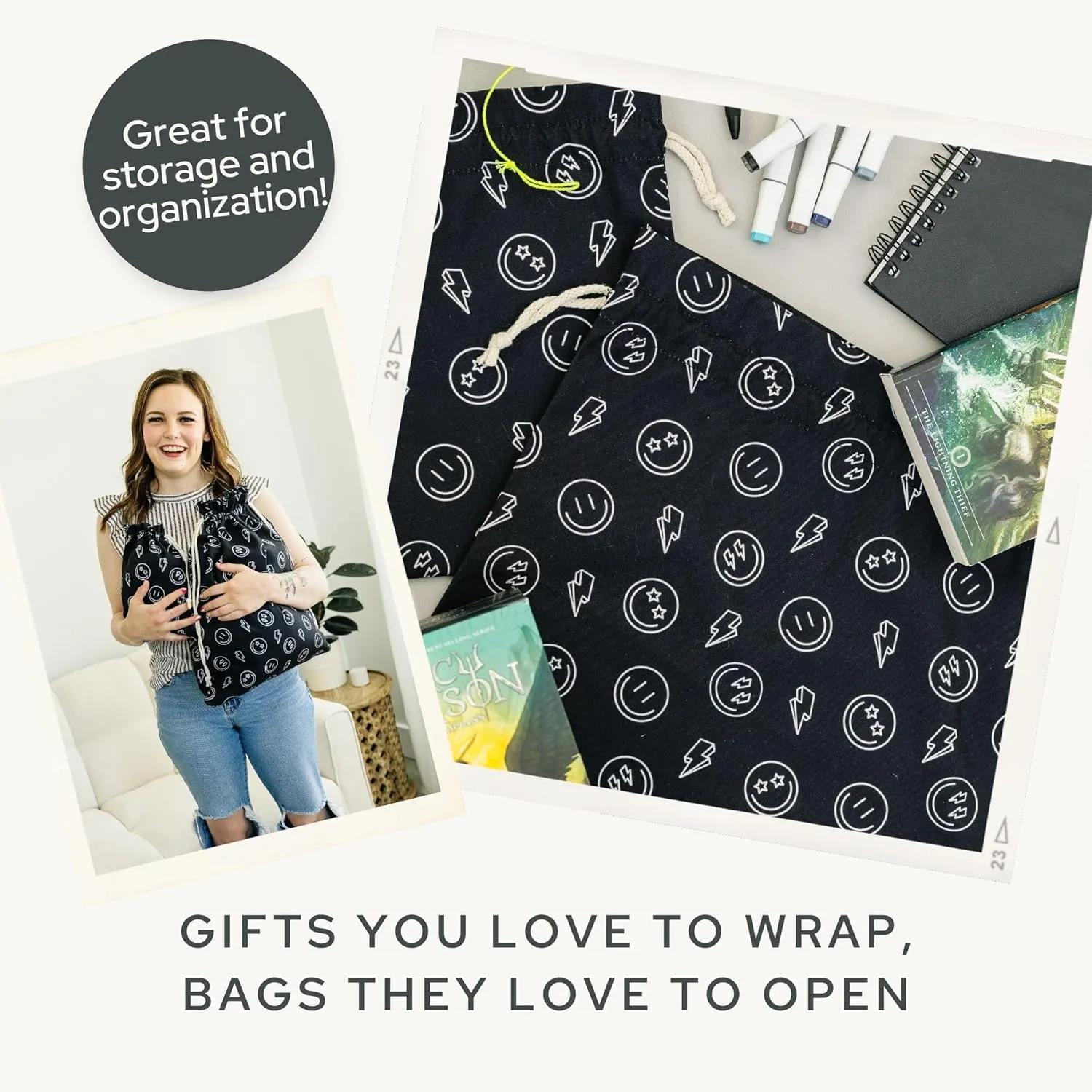 Gather & Knot Drawstring Gift Bags | 20" Large 12" Small | Premium Canvas | Reusable Fabric Wrap for Boy Birthday, Baby Shower | Happy Face