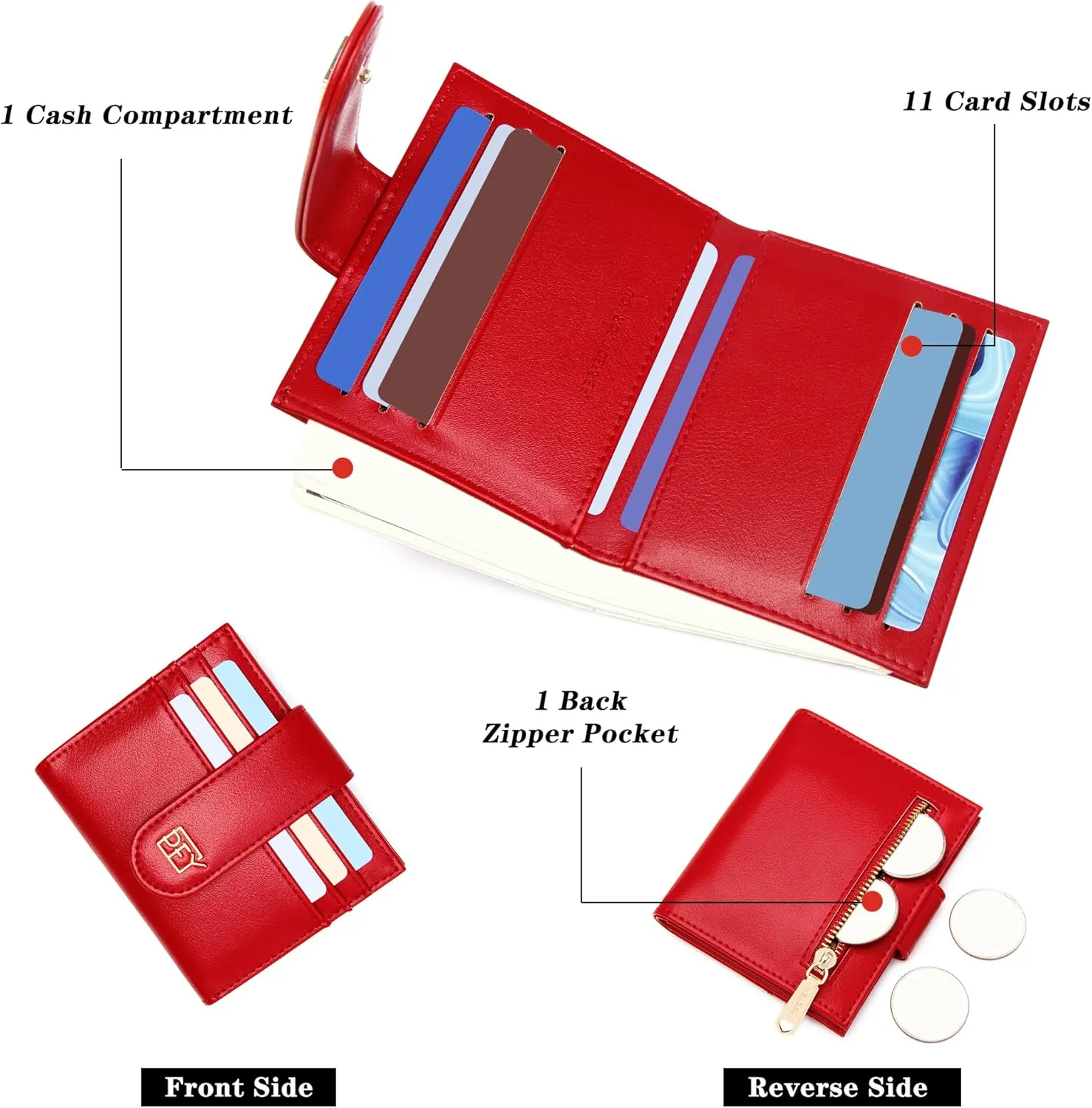 GEEAD Red Mini Small Wallets for Women Slim Bifold Credit Card Holder Minimalist Zipper Coin Pocket Red Wallet for Christmas