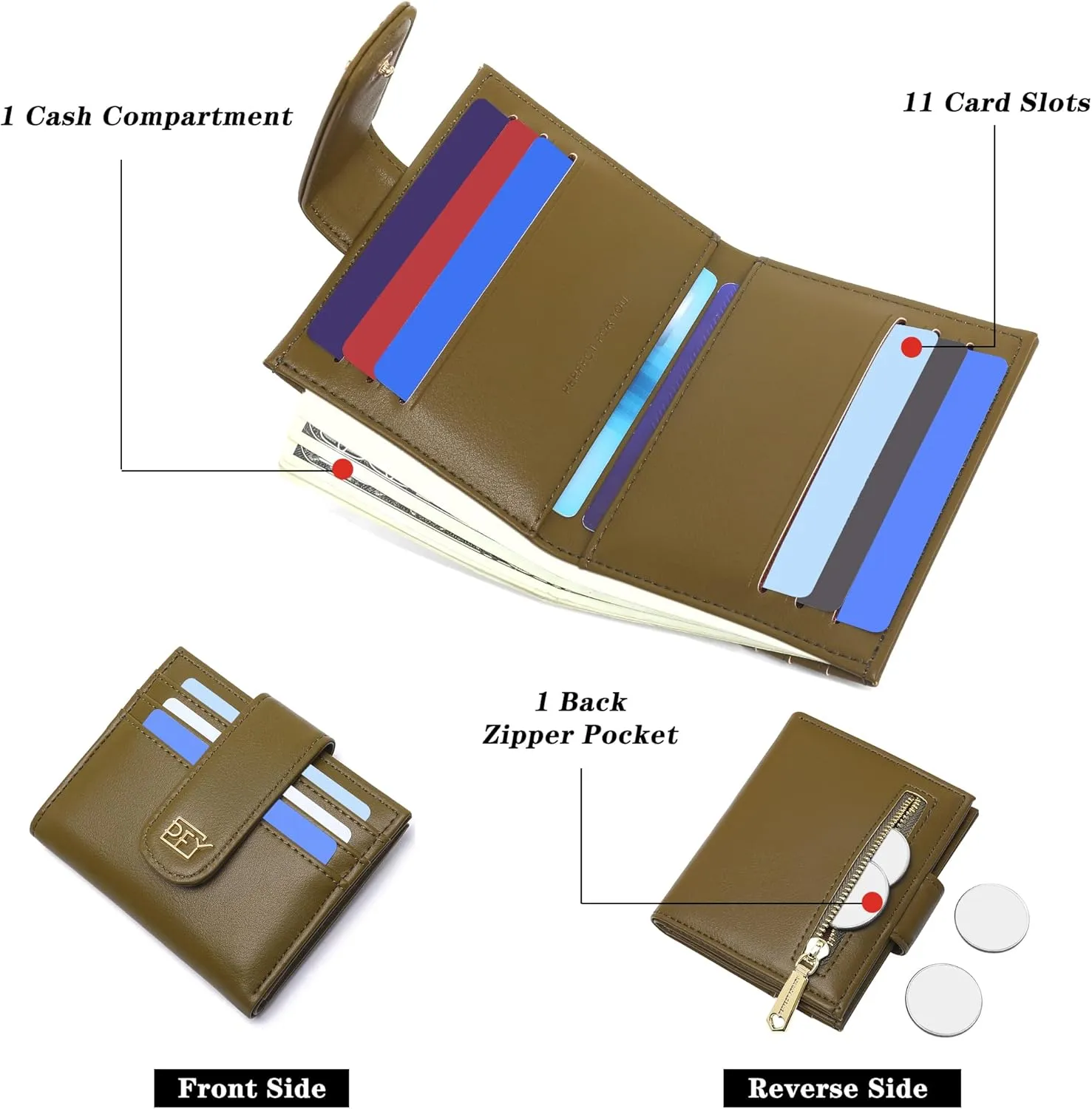 GEEAD Small Wallets for Women Slim Bifold Credit Card Holder Minimalist Zipper Coin Pocket (Army Green)