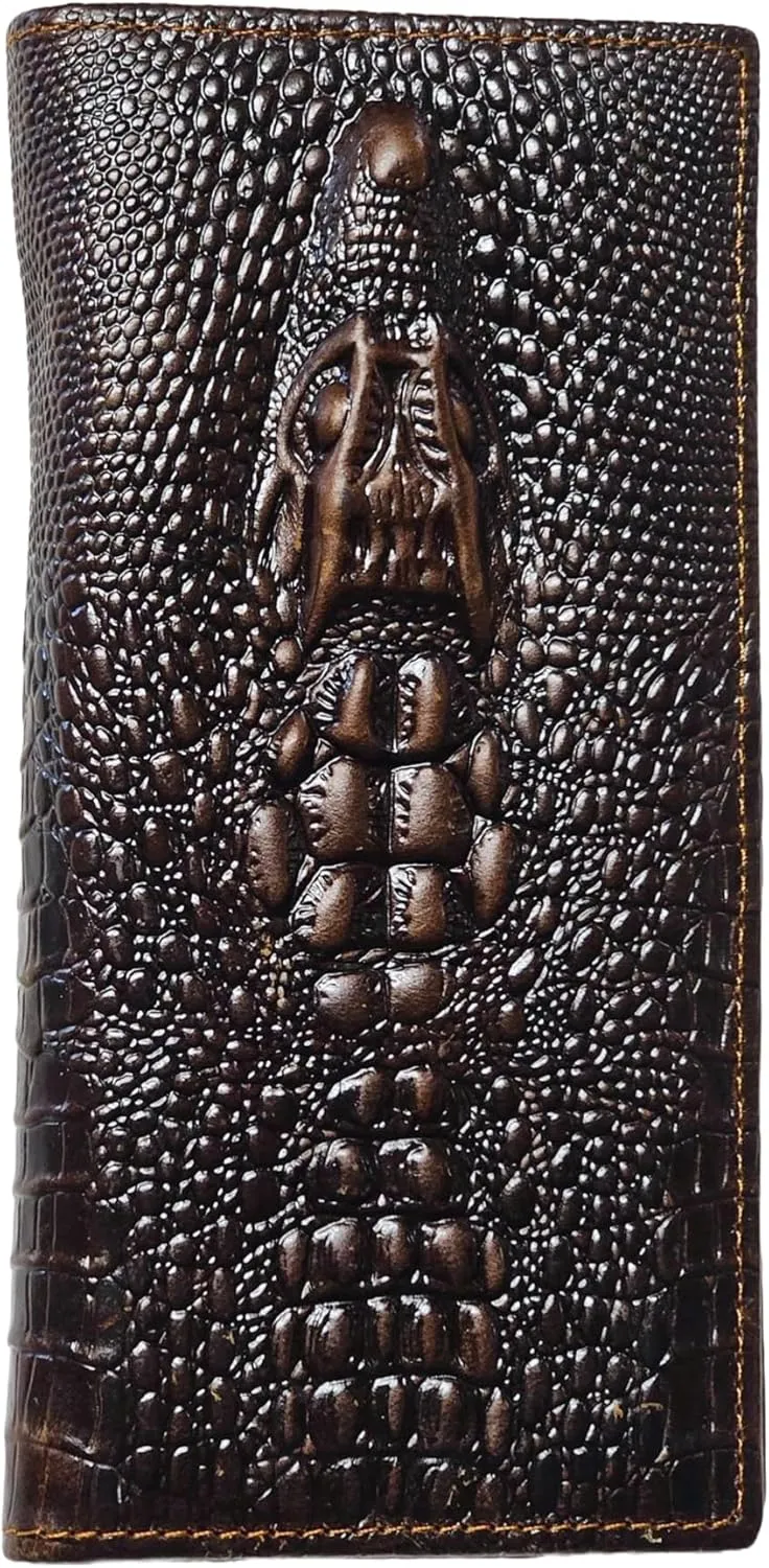 Genuine Leather Bifold Long Wallet for Men, Retro Vintage Embossed Clutch with Zipped Coin purse & Credit card Slots. RFID Blocking. Crocodile Head- Coffee