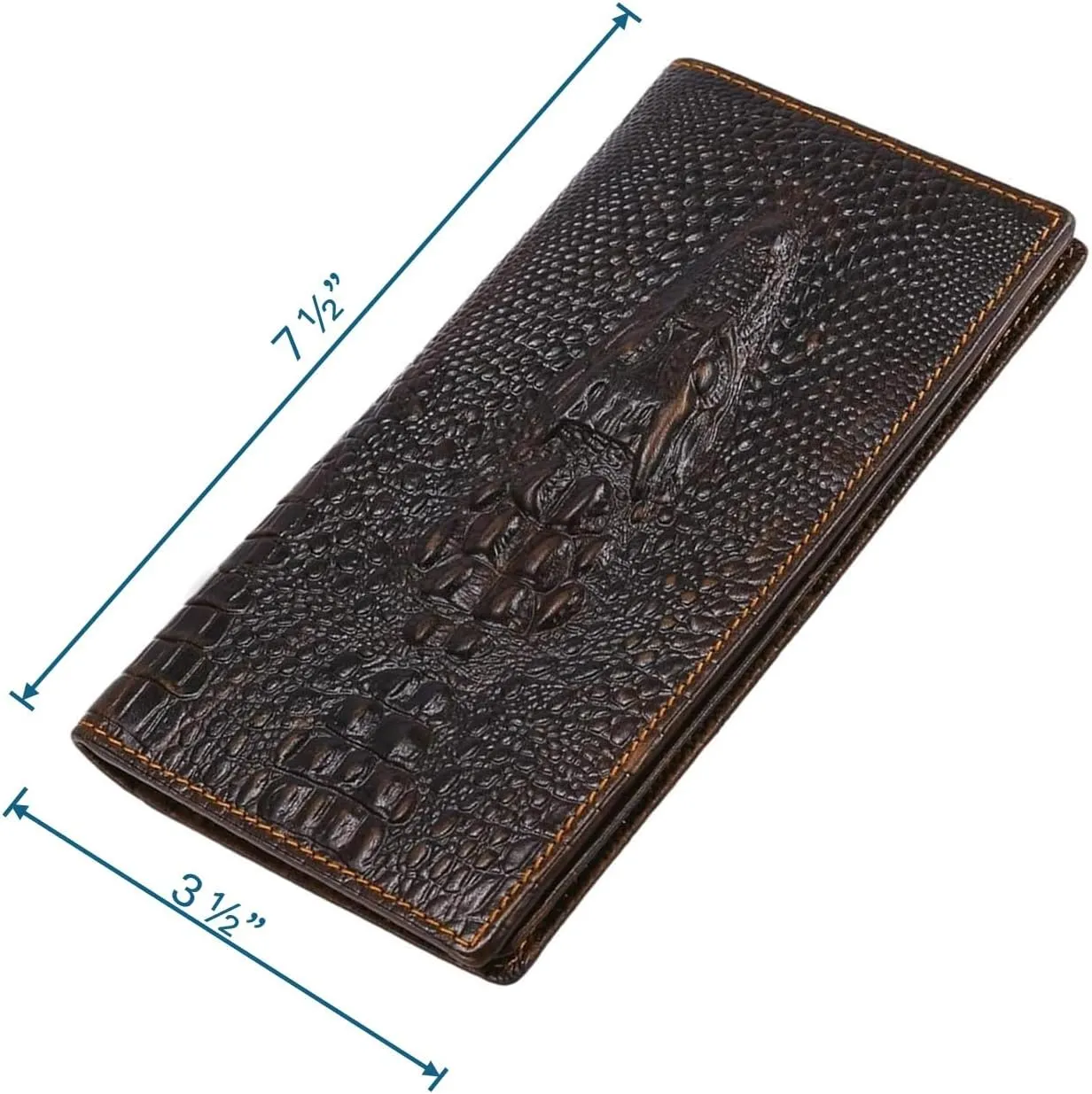 Genuine Leather Bifold Long Wallet for Men, Retro Vintage Embossed Clutch with Zipped Coin purse & Credit card Slots. RFID Blocking. Crocodile Head- Coffee