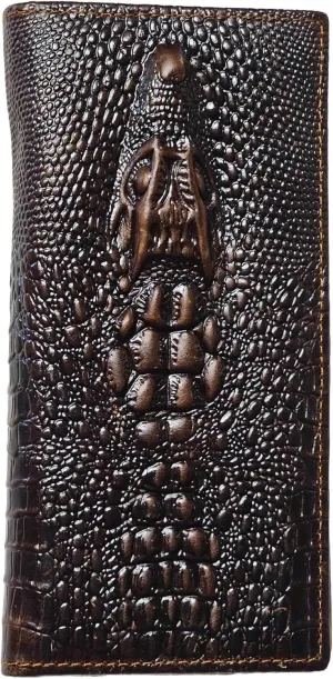 Genuine Leather Bifold Long Wallet for Men, Retro Vintage Embossed Clutch with Zipped Coin purse & Credit card Slots. RFID Blocking. Crocodile Head- Coffee