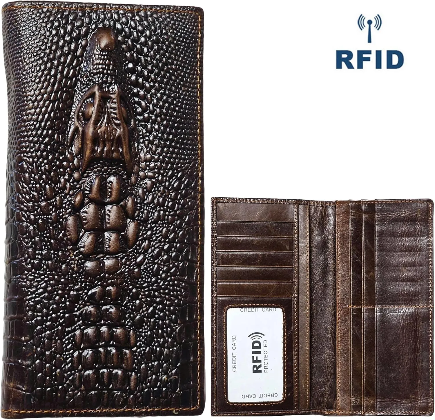 Genuine Leather Bifold Long Wallet for Men, Retro Vintage Embossed Clutch with Zipped Coin purse & Credit card Slots. RFID Blocking. Crocodile Head- Coffee