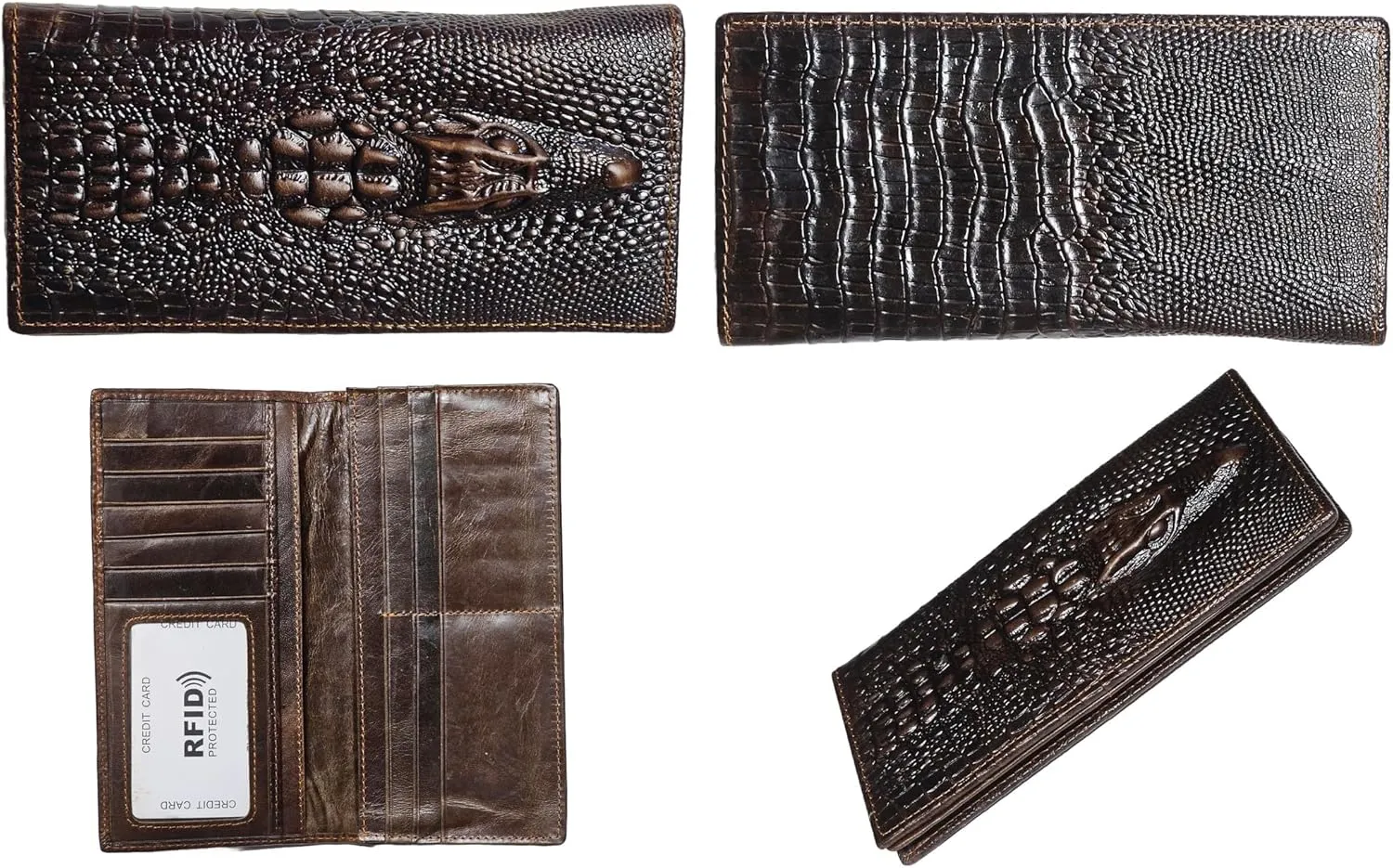 Genuine Leather Bifold Long Wallet for Men, Retro Vintage Embossed Clutch with Zipped Coin purse & Credit card Slots. RFID Blocking. Crocodile Head- Coffee