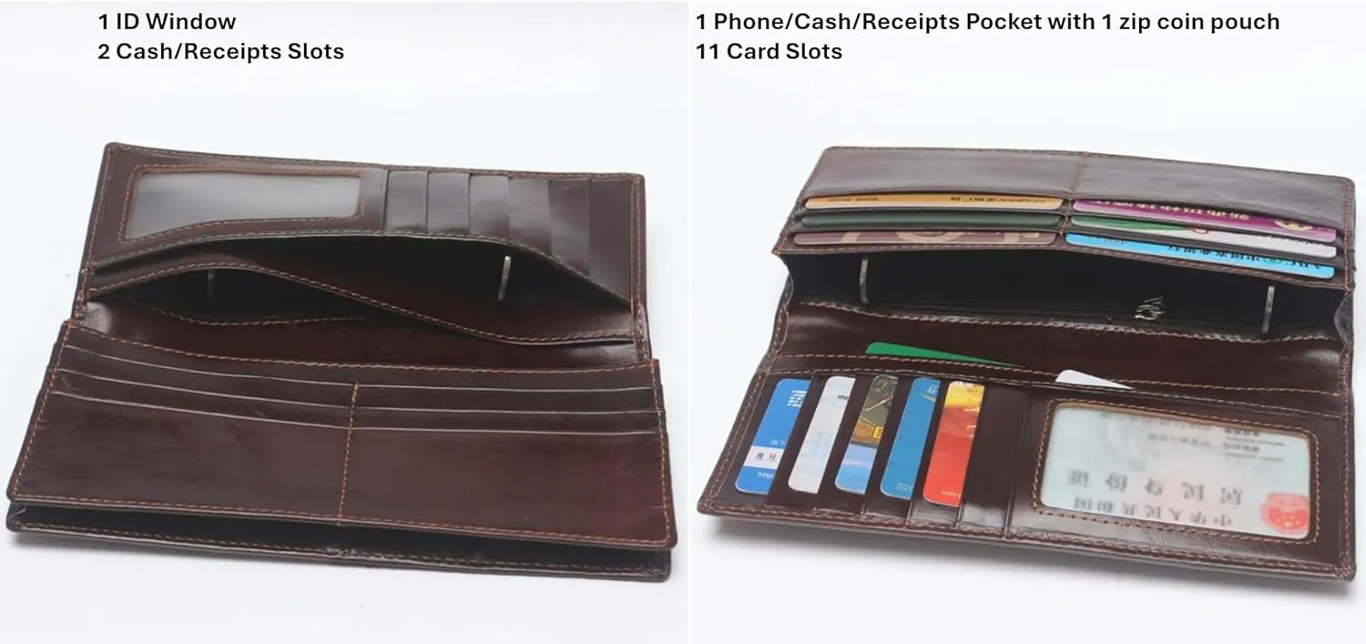 Genuine Leather Bifold Long Wallet for Men, Retro Vintage Embossed Clutch with Zipped Coin purse & Credit card Slots. RFID Blocking. Crocodile Tail- Coffee